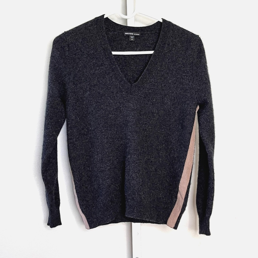 James Perse Cashmere Sweater Womens Charcoal Gray Side Stripe Tan Preppy Minimal